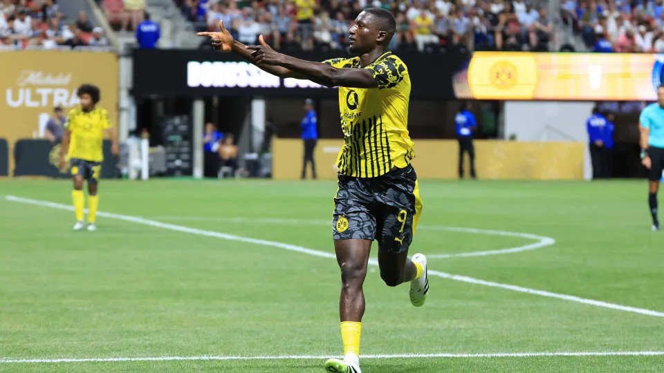 ATLANTA, GA - JULY 01: Serhou Guirassy #9 of Borussia Dortmund celebrates his second goal during the FIFA World Cup Round of 16 match between CF Monterrey and Borussia Dortmund on Tuesday July 1, 2025 at the Mercedes-Benz Stadium in Atlanta, Georgia.  (Ph