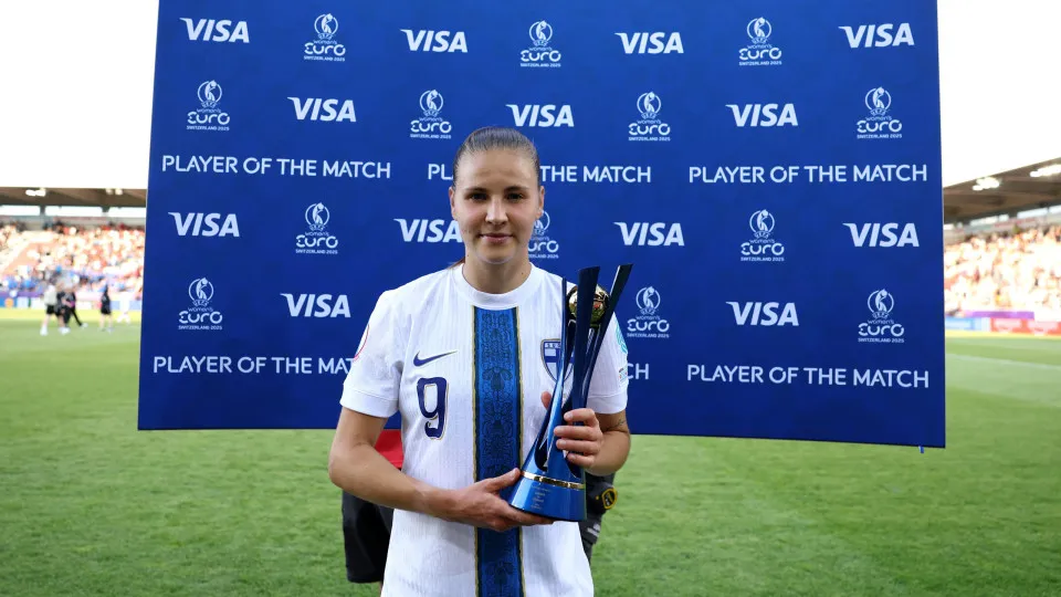 THUN, SWITZERLAND - JULY 02: Katariina Kosola of Finland poses for a photo with her VISA Player of the Match trophy after the UEFA Women's EURO 2025 Group A match between Iceland and Finland at Arena Thun on July 02, 2025 in Thun, Switzerland. (Photo by F
