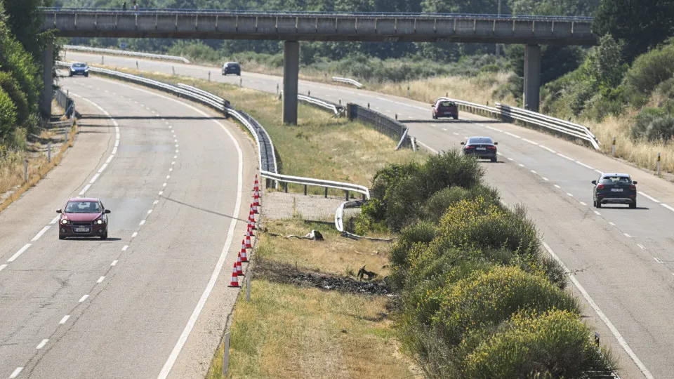 ZAMORA, SPAIN - JULY 3: General view of the crash site where Liverpool FC player Diogo Jota and his brother André Silva lost their lives, showing the wreckage of the Lamborghini Huracan at kilometre 65 of the A-52, near the town of Cernadilla, close to Za