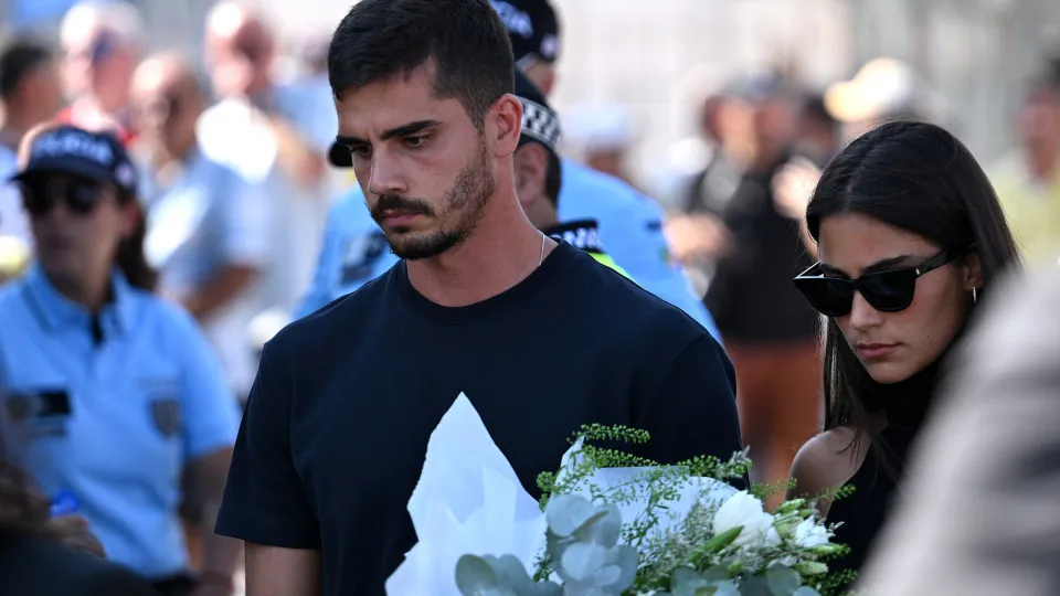 GONDOMAR, PORTUGAL - JULY 04: Andre Silva, football player at RB Leipzig and the Portuguese national team, and partner Maria Rodrigues attend a public wake held for Diogo Jota and his brother Andre Silva at the Capela da Ressurreicao on July 04, 2025 in G