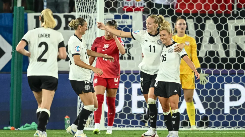 St.Gallen, Switzerland - July 4: Lea Schueller of Germany celebrates after scoring her team's second goal with teammates during the UEFA Womens EURO 2025 Group C match between Germany and Poland at St.Gallen Arena on July 4, 2025 in St.Gallen, Switzerland