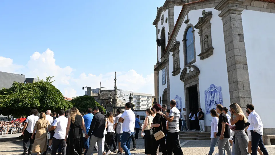 Mourners at the funeral of Diogo Jota and Andre Silva being held at Igreja Matriz de Gondomar in the town of Gondomar near Porto. The Liverpool and Portugal forward died along with his younger brother Andre Silva in the accident in Zamora on Thursday morn