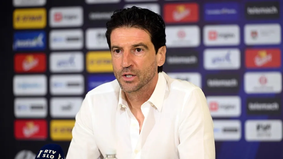 LJUBLJANA, SLOVENIA - JULY 08: Jorge Simao, Head Coach of NK Olimpija Ljubljana speaks to the media in a post match press conference following the UEFA Champions League 2025/26 first qualifying round first leg match between Olimpija  and Kairat Almaty at 