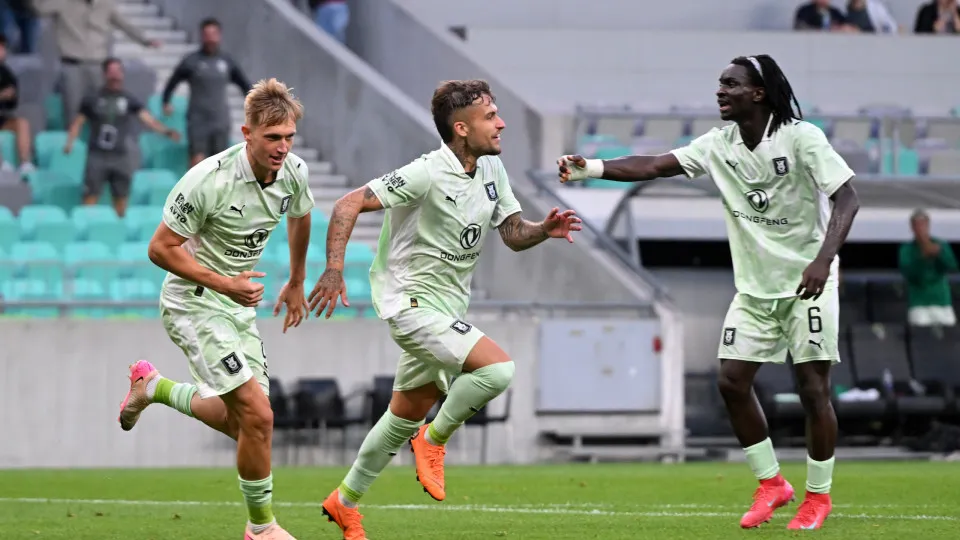 LJUBLJANA, SLOVENIA - JULY 08: Diogo Pinto of NK Olimpija Ljubljana celebrates scoring his team's first goal with team mate Peter Agba of NK Olimpija Ljubljana during the UEFA Champions League 2025/26 first qualifying round first leg match between Olimpij