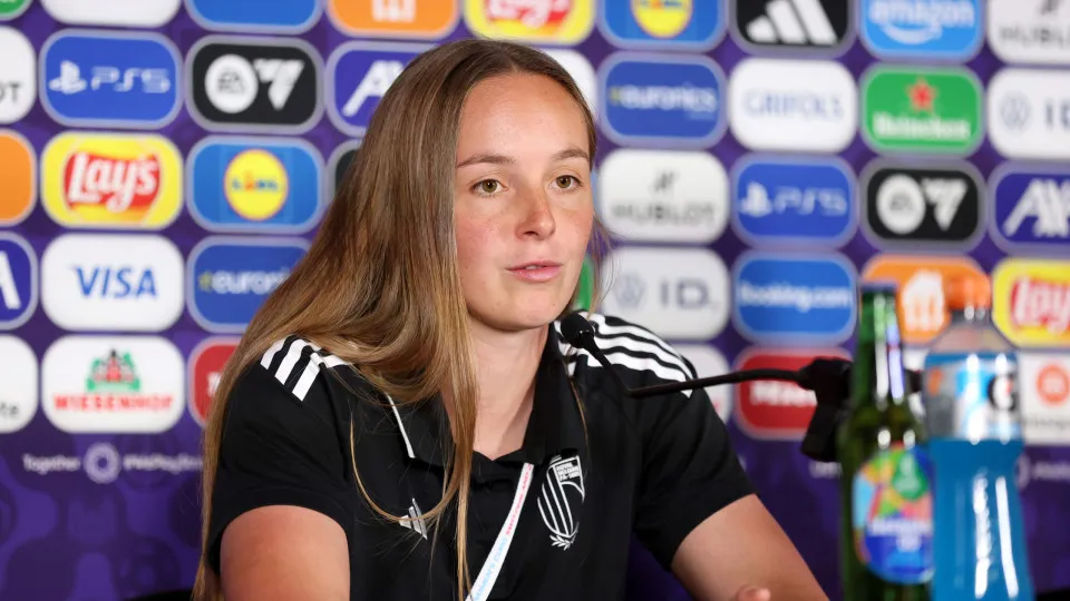 SION, SWITZERLAND - JULY 11: Lisa Lichtfus of Belgium speaks to the media during the Belgium Press Conference ahead of the UEFA Women's EURO 2025 Group B match between Portugal and Belgium at Stade de Tourbillon on July 11, 2025 in Sion, Switzerland. (Pho