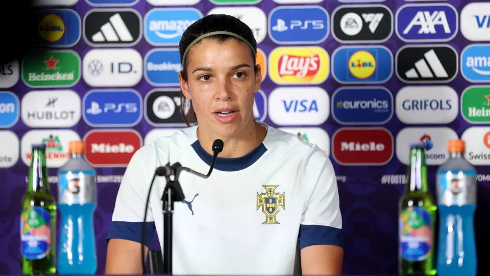 SION, SWITZERLAND - JULY 10: Carole Costa of Portugal speaks to the media during the Portugal Press Conference ahead of the UEFA Women's EURO 2025 Group B match between Portugal and Belgium at Stade de Tourbillon on July 10, 2025 in Sion, Switzerland. (Ph
