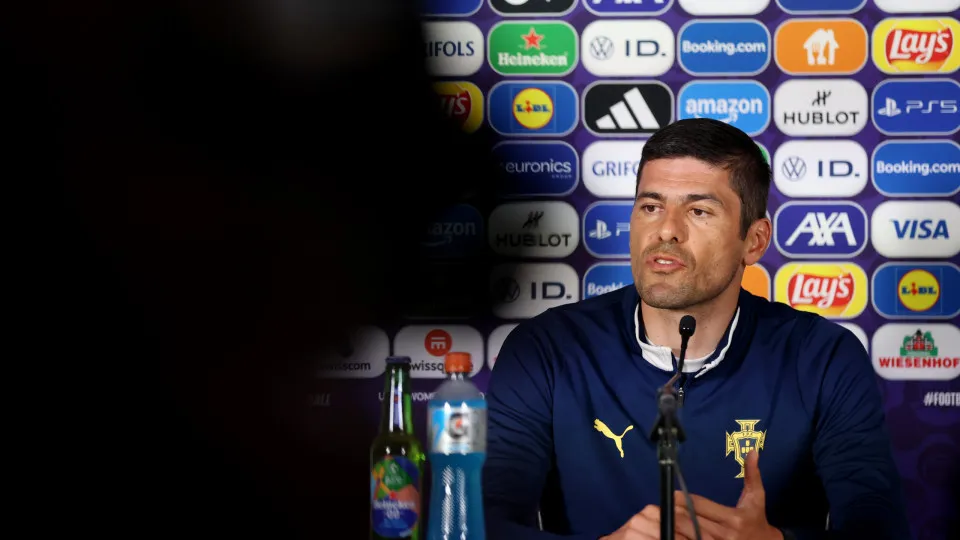SION, SWITZERLAND - JULY 10: Francisco Neto, Head Coach of Portugal, speaks to the media during the Portugal Press Conference ahead of the UEFA Women's EURO 2025 Group B match between Portugal and Belgium at Stade de Tourbillon on July 10, 2025 in Sion, S