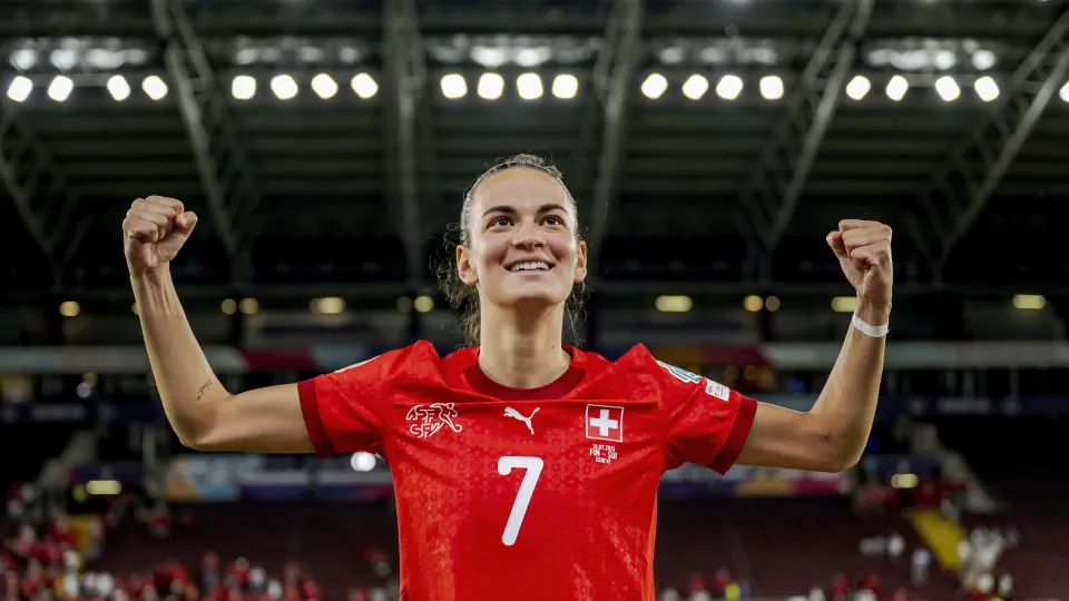 LANCY, SWITZERLAND - JULY 10: Riola Xhemaili of Switzerland Women celebrates the victory after the match  during the  EURO Women  match between Finland Women v Switzerland Women at the Stade de Geneve on July 10, 2025 in Lancy Switzerland (Photo by Jussi 