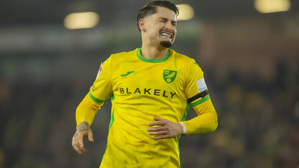 Borja Sainz of Norwich City reacts during the Sky Bet Championship match between Norwich City and Preston North End at Carrow Road in Norwich, England, on February 11, 2025. (Photo by MI News/NurPhoto via Getty Images)