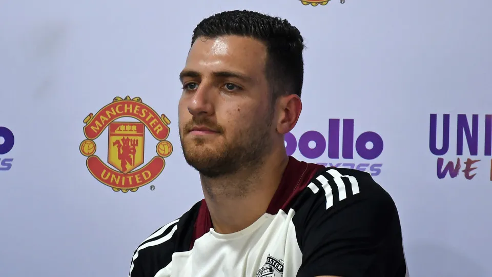 MUMBAI, MAHARASHTRA, INDIA - 2025/05/29: Manchester United player Diogo Dalot is seen during a press conference of meet and greet session at the launch of the club's grassroots-level initiative 'United We Play', at Cooperage football ground in Mumbai. (Ph