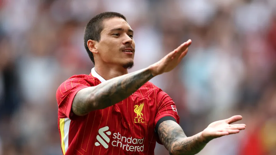 PRESTON, ENGLAND - JULY 13: Darwin Nunez of Liverpool celebrates scoring his team's second goal during the pre-season friendly match between Preston North End and Liverpool at Deepdale on July 13, 2025 in Preston, England. (Photo by Matt McNulty/Getty Ima