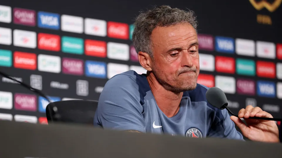 EAST RUTHERFORD, NEW JERSEY - JULY 13: Luis Enrique, Head Coach of Paris Saint-Germain, speaks to the media in a post match press conference following the FIFA Club World Cup 2025 Final match between Chelsea FC and Paris Saint-Germain at MetLife Stadium o