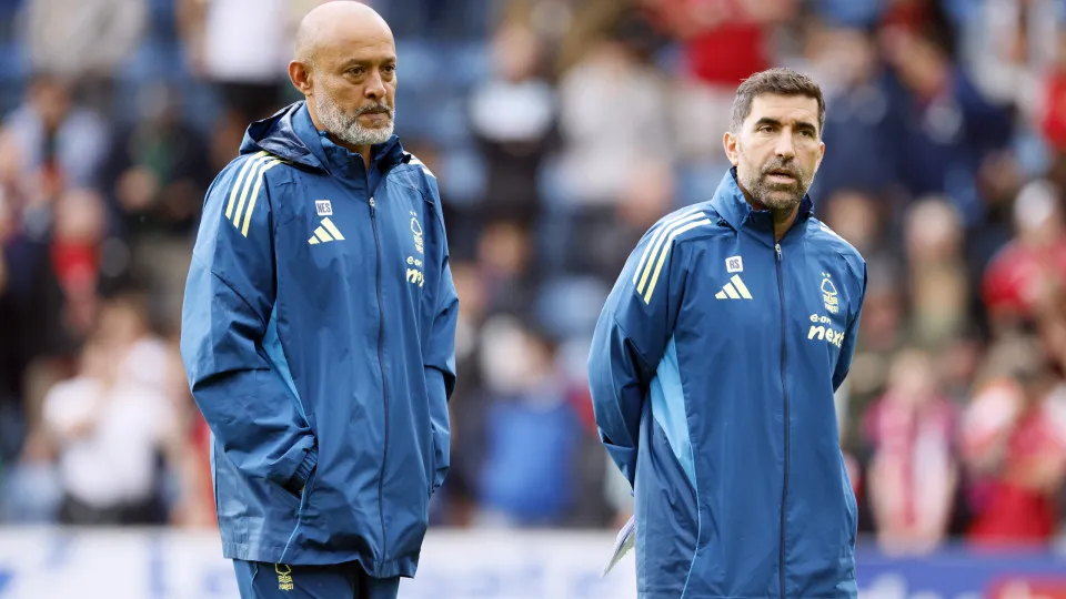 Nottingham Forest manager Nuno Espirito Santo (left) and assistant manager Rui Pedro Silva during the pre-season friendly match at SMH Group Stadium, Chesterfield. Picture date: Saturday July 19, 2025. (Photo by Richard Sellers/PA Images via Getty Images)