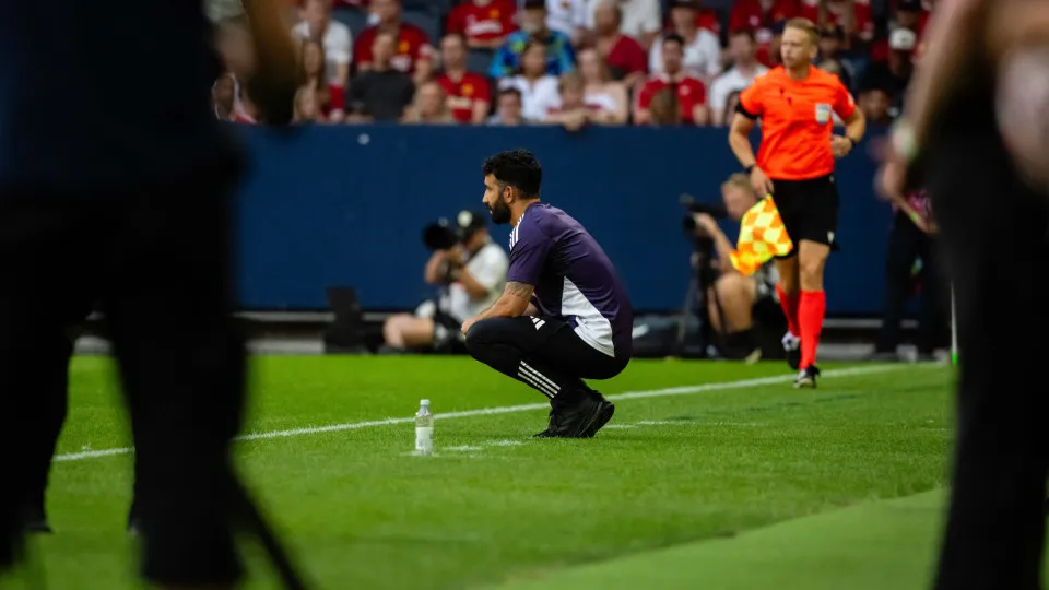 SOLNA, SWEDEN - JULY 19: Manager Ruben Amorim of Manchester United watches from the touchline during the pre-season friendly match between Manchester United and Leeds United at Strawberry Arena on July 19, 2025 in Solna, Sweden. (Photo by Ash Donelon/Manc