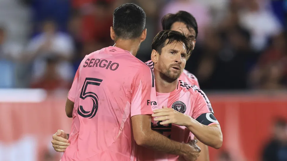 HARRISON, NEW JERSEY - JULY 19: Lionel Messi #10 of Inter Miami CF celebrates after scoring the team's fourth goal with teammate Sergio Busquets #5 during the MLS match between New York Red Bulls and Inter Miami CF at Sports Illustrated Stadium on July 19