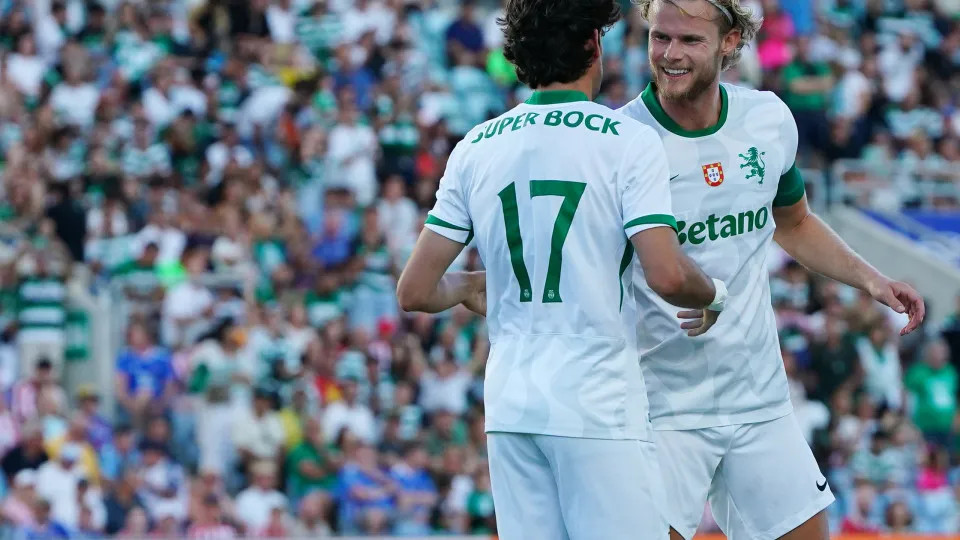 FARO, PORTUGAL - JULY 21: Francisco Trincao of Sporting CP celebrates with teammate Morten Hjulmand of Sporting CP after scoring a goal during the Pre-Season Friendly match between Sunderland and Sporting CP at Estadio Algarve on July 21, 2025 in Faro, Po