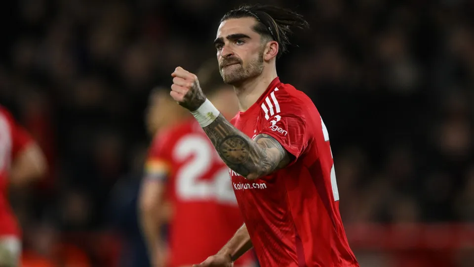 Jota Silva of Nottingham Forest celebrates after Chris Wood of Nottingham Forest scores from the penalty spot during the Premier League match between Nottingham Forest and Ipswich Town at the City Ground in Nottingham, England, on November 30, 2024. (Phot
