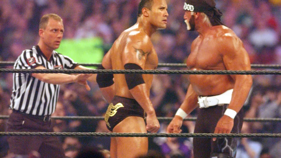 Hollywood Hulk Hogan and The Rock at Wrestlemania X8 (Photo by George Pimentel/WireImage)