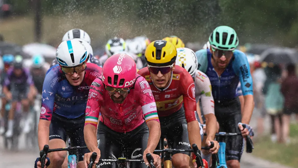 (From L) Israel - Premier Tech team's British rider Joe Blackmore, EF Education - EasyPost team's Irish rider Ben Healy, Uno-X Mobility team's Norwegian rider Tobias Johannessen,  Decathlon AG2R La Mondial Team's French rider Aurelien Paret-Peintre cycle 