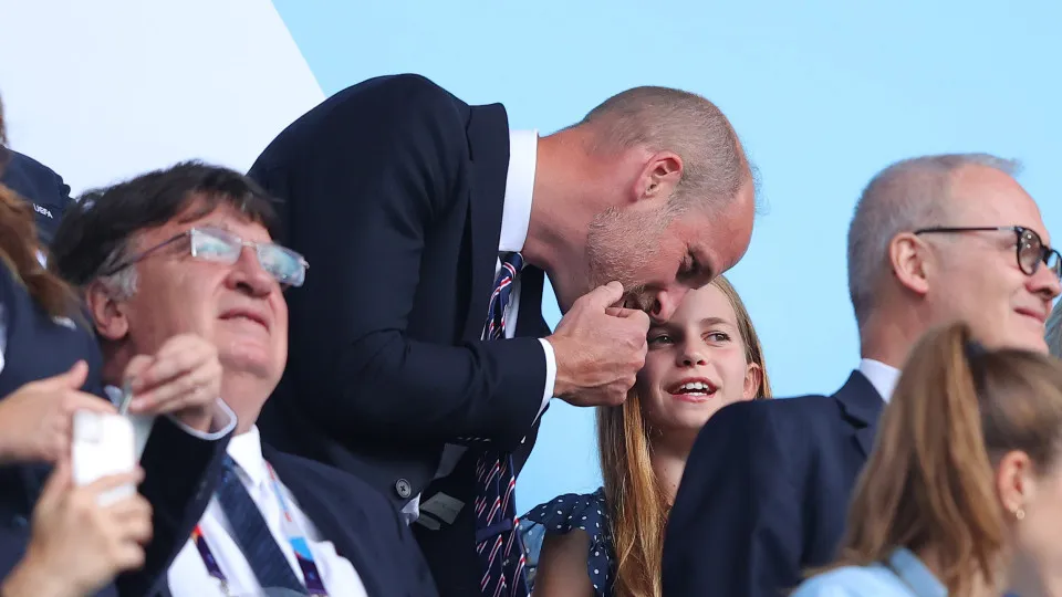 BASEL, SWITZERLAND - JULY 27: Prince William, Prince of Wales talks with Princess Charlotte prior to the UEFA Women's EURO 2025 Final match between England and Spain at St. Jakob-Park on July 27, 2025 in Basel, Switzerland. (Photo by James Gill - Danehous