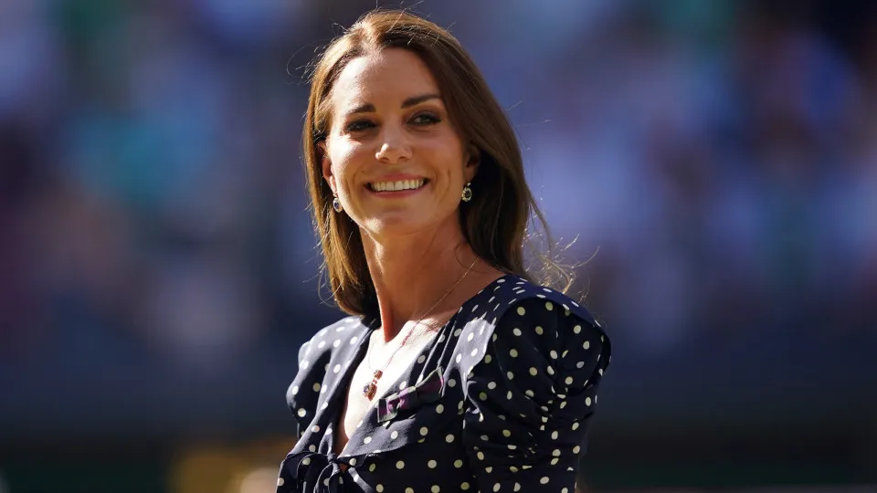 The Duchess of Cambridge on centre court on day fourteen of the 2022 Wimbledon Championships at the All England Lawn Tennis and Croquet Club, Wimbledon. Picture date: Sunday July 10, 2022. (Photo by Zac Goodwin/PA Images via Getty Images)