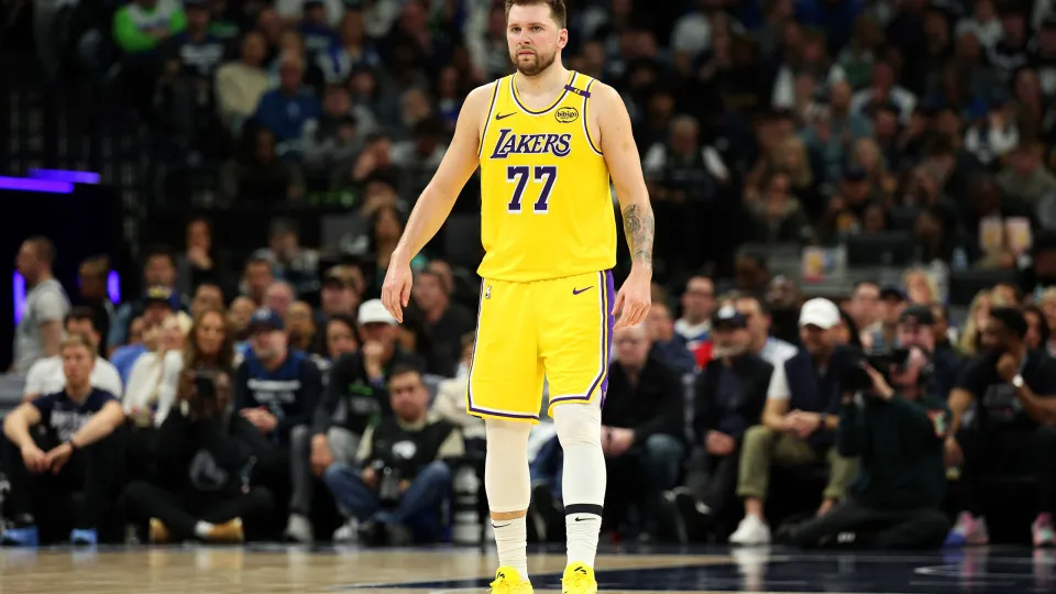 MINNEAPOLIS, MINNESOTA - APRIL 25: Luka Doncic #77 of the Los Angeles Lakers looks on against the Minnesota Timberwolves in the second quarter of Game Three of the First Round of the 2025 NBA Playoffs at Target Center on April 25, 2025 in Minneapolis, Min