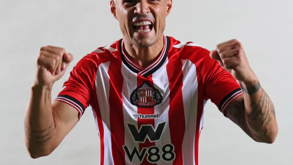 SUNDERLAND, ENGLAND - JULY 29: New Sunderland signing Granit Xhaka performs media duties at The Academy of Light on July 29, 2025 in Sunderland, England.  (Photo by Ian Horrocks/Sunderland AFC via Getty Images)