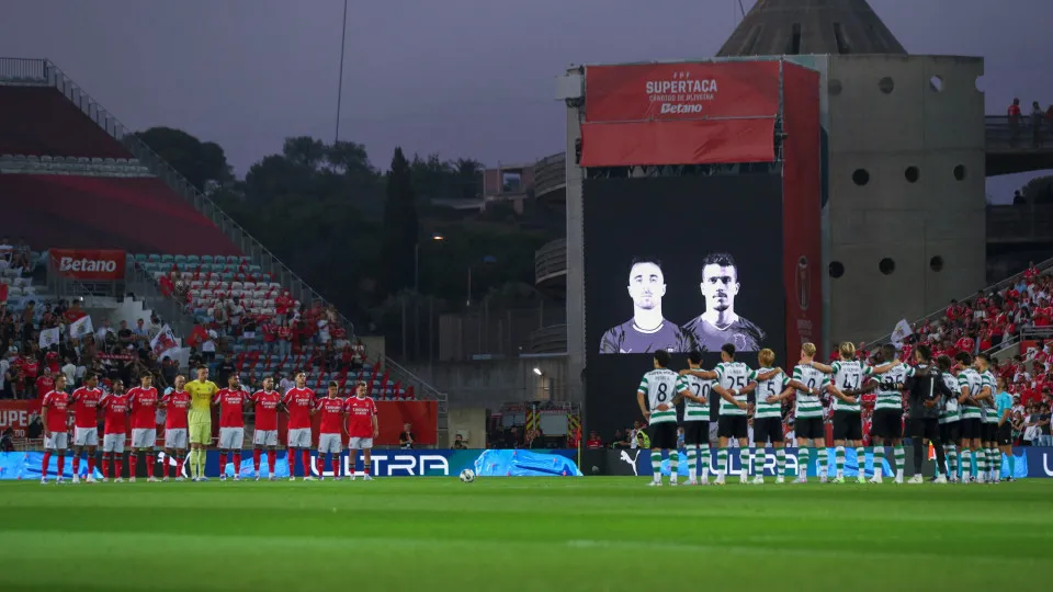 An image of late Portuguese football players Diogo Jota and his brother Andre Silva is displayed as a tribute prior the Portugal's Candido de Oliveira Super Cup football final match between Sporting CP and SL Benfica at Algarve Stadium in Loule, southern 