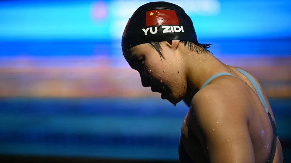 China's swimmer Yu Zidi reacts after a semi-final of the women's 200m butterfly swimming event during the 2025 World Aquatics Championships in Singapore on July 30, 2025. (Photo by Oli SCARFF / AFP) (Photo by OLI SCARFF/AFP via Getty Images)          