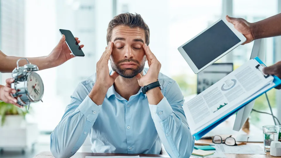 homem, stress, trabalho