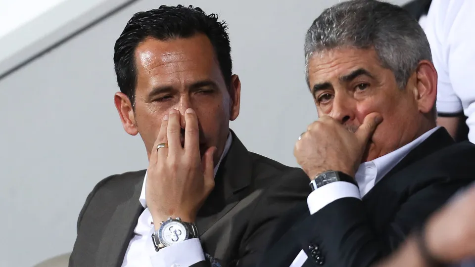 Benfica´s president Luis Filipe Vieira (R) speaks with Pedro Proenca (L) President of League during the Premier League 2016/17 match between Moreirense FC and SL Benfica at Parque Desportivo Comendador Joaquim de Almeida Freitas Stadium in Moreira de Cone