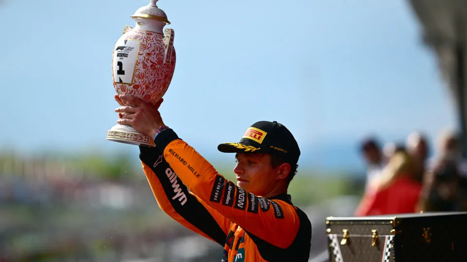 BUDAPEST, HUNGARY - AUGUST 03: Race winner Lando Norris of Great Britain and McLaren lifts his trophy on the podium during the F1 Grand Prix of Hungary at Hungaroring on August 03, 2025 in Budapest, Hungary. (Photo by Mario Renzi - Formula 1/Formula 1 via