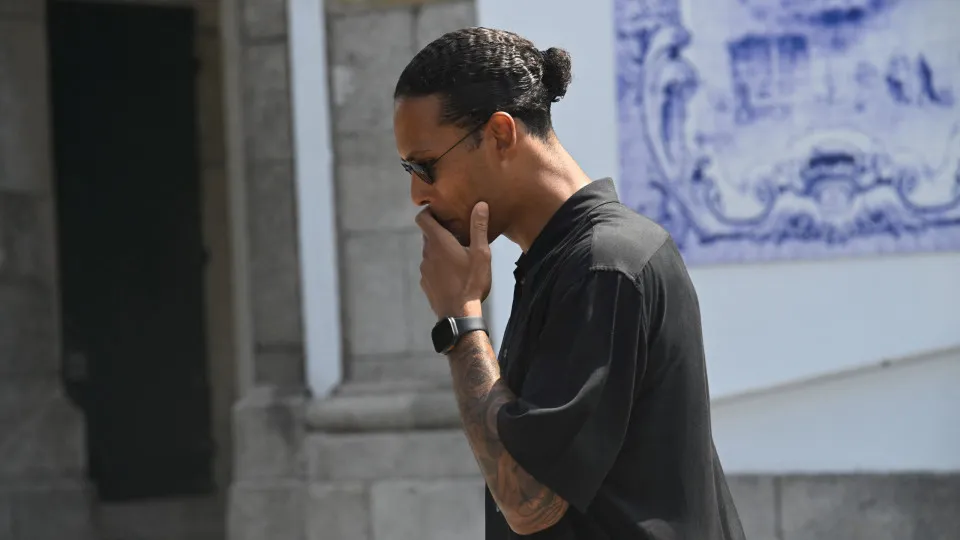 Liverpool's Dutch defender Virgil van Dijk reacts as he steps out of the church after the funeral ceremony of Liverpool's Portuguese forward Diogo Jota and his brother Andre Silva at the Mother Church of Gondomar, on the outskirts of Porto, on July 5, 202
