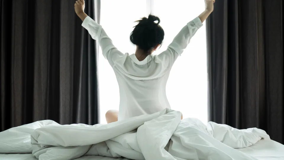 alongar, cama, mulher, quarto