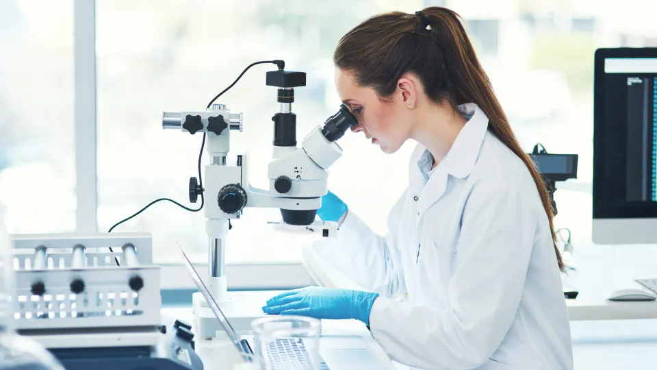 estudo, mulher, laboratório