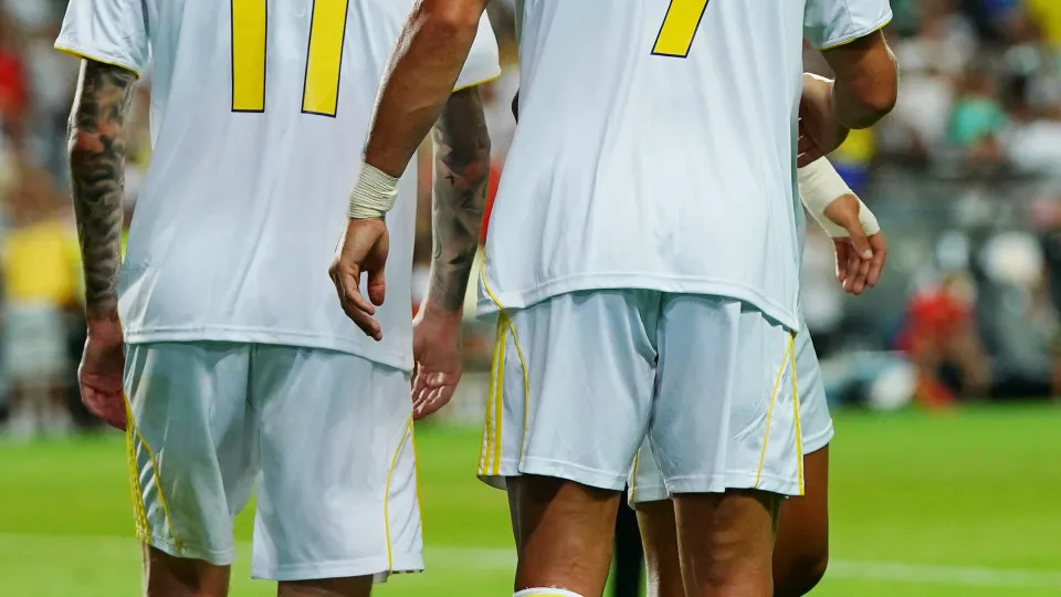FARO, PORTUGAL - AUGUST 7: Cristiano Ronaldo of Al Nassr FC celebrates with teammate Joao Felix of Al Nassr FC after scoring a goal during the Pre-Season Friendly match between Al Nassr FC and Rio Ave FC at Estadio Algarve on August 7, 2025 in Faro, Portu