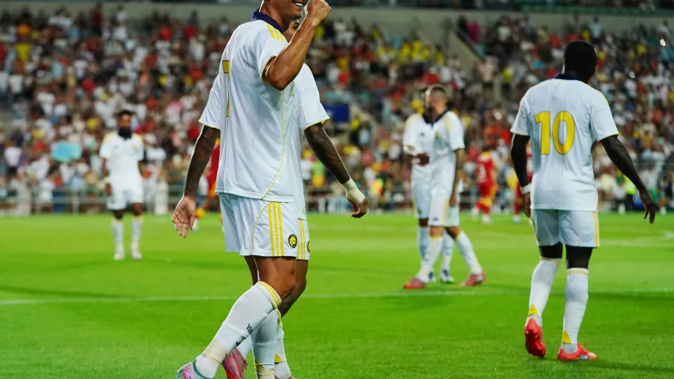 FARO, PORTUGAL - AUGUST 7: Cristiano Ronaldo of Al Nassr FC celebrates after scoring a goal during the Pre-Season Friendly match between Al Nassr FC and Rio Ave FC at Estadio Algarve on August 7, 2025 in Faro, Portugal.  (Photo by Gualter Fatia/Getty Imag