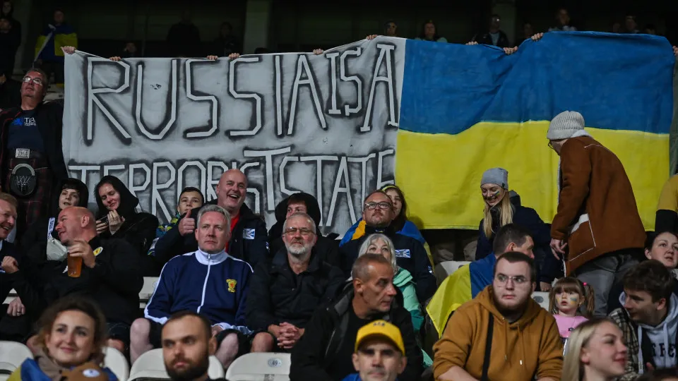 Fans from Ukraine hold a banner 'Russia Is A Terrorist State' during the UEFA Nations League 2022/23 match in Group B between Ukraine and Scotland at the Marshal Jozef Pilsudski in Krakow.
On Tuesday, September 27, 2022, in Krakow, Lesser Poland Voivodes