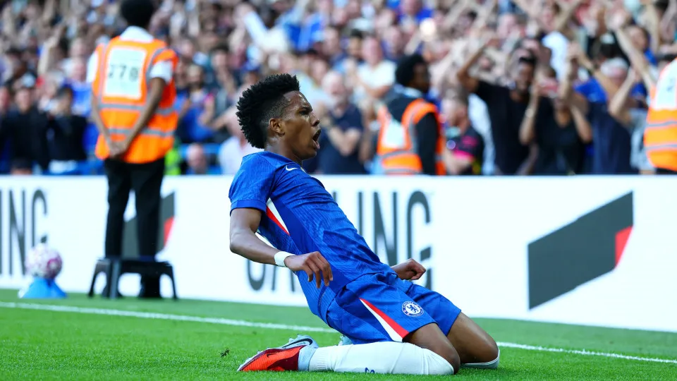 LONDON, ENGLAND - AUGUST 08: Estevao of Chelsea celebrates scoring his team's first goal during the pre-season friendly match between Chelsea and Bayer Leverkusen at Stamford Bridge on August 08, 2025 in London, England. (Photo by Bryn Lennon/Getty Images