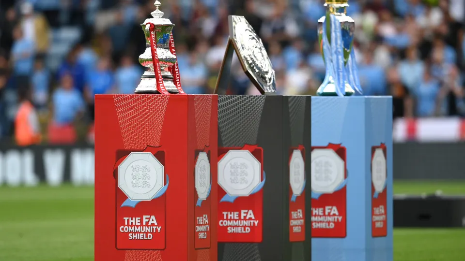 LEICESTER, ENGLAND - JULY 30: A general view of the FA Cup trophy, the Community Shield trophy and the Premier League trophy prior to kick off of during The FA Community Shield between Manchester City and Liverpool FC at The King Power Stadium on July 30,