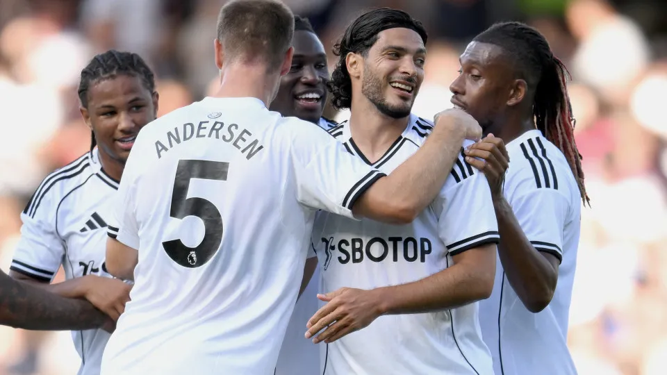 LONDON, ENGLAND - AUGUST 09: Raul Jimenez of Fulham celebrates scoring his team's first goal with teammate Joachim Andersen of Fulham during the pre-season friendly match between Fulham and Eintract Frankfurt at Craven Cottage on August 09, 2025 in London
