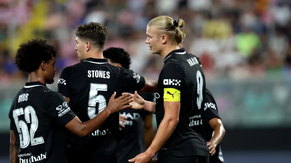 PALERMO, ITALY - AUGUST 09: Erling Haaland of Manchester City FC celebrates after scoring his team's opening goal during Pre-Season Friendly match between Palermo FC and Machester City FC at Stadio Renzo Barbera on August 09, 2025 in Palermo, Italy.  (Pho