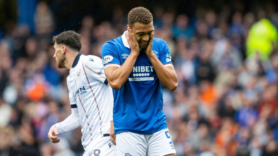 GLASGOW, SCOTLAND - AUGUST 09: Rangers' Cyriel Dessers looks dejected during a William Hill Premiership match between Rangers and Dundee at Ibrox Stadium, on August 09, 2025, in Glasgow, Scotland. (Photo by Alan Harvey/SNS Group via Getty Images)