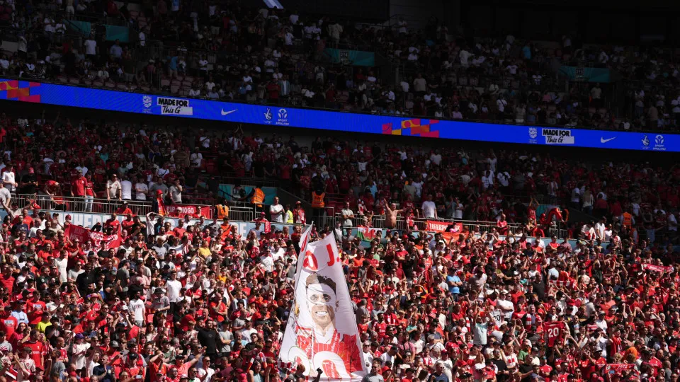 Liverpool fans in the stands hold up a banner in tribute to the late Diogo Jota ahead of the FA Community Shield match at Wembley Stadium, London. Picture date: Sunday August 10, 2025. (Photo by Adam Davy/PA Images via Getty Images)
