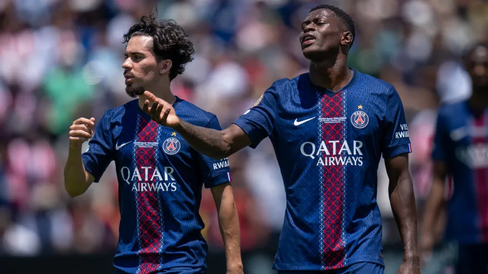 LOS ANGELES, CA - JUNE 15: Vitinha #17 of Paris Saint-Germain and Nuno Mendes #25  of Paris Saint-Germain reacts during a game between Atlético de Madrid and Paris Saint-Germain at Rose Bowl Stadium on June 15, 2025 in Los Angeles, California. (Photo by M
