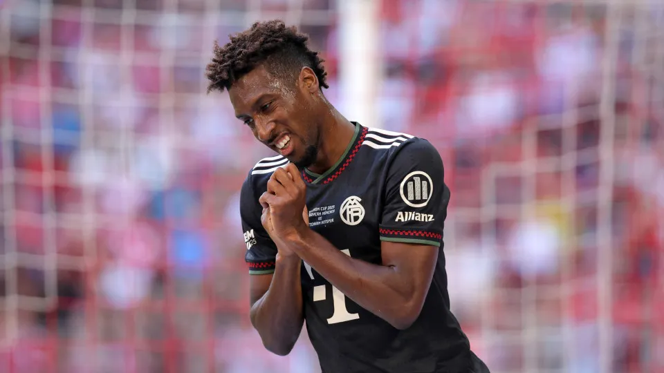 MUNICH, GERMANY - AUGUST 07: Kingsley Coman of FC Bayern Muenchen  reacts during the pre-season friendly match as part of the Telekom Cup between FC Bayern München and Tottenham Hotspur at Allianz Arena on August 07, 2025 in Munich, Germany. (Photo by Chr