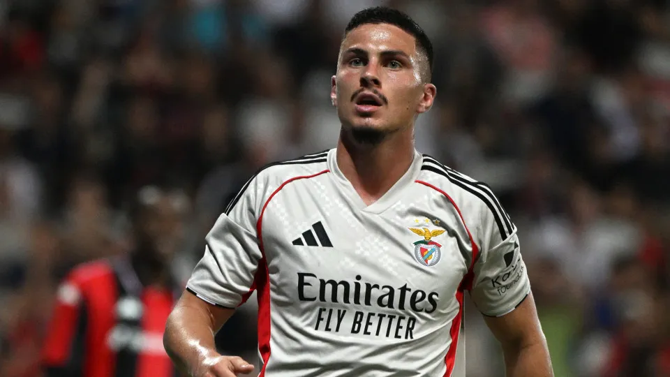 Benfica's Croatian defender #09 Franjo Ivanovic celebrates scoring his team's first goal during the UEFA Champions League 3rd round first leg football match between OGC Nice and SL Benfica at the Allianz Riviera Stadium in Nice, south-eastern, on August 6