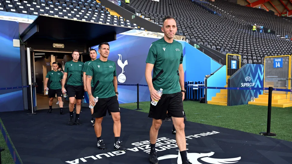 UDINE, ITALY - AUGUST 12: Match referee, Joao Pinheiro walks out onto the pitch prior to a Referee training session ahead of the UEFA Super Cup 2025 Final between Paris Saint-Germain and Tottenham Hotspur at Friuli Stadium on August 12, 2025 in Udine, Ita