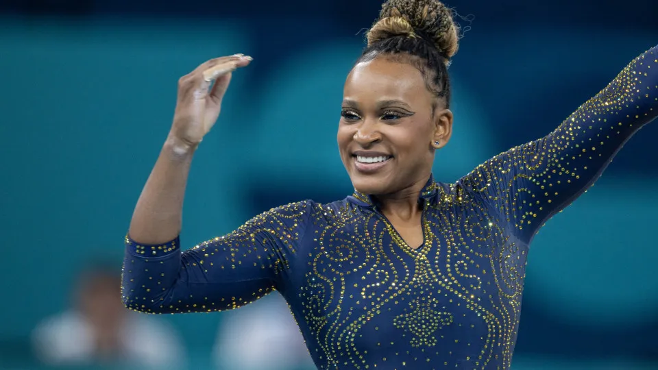 PARIS, FRANCE: JULY 30: Rebeca Andrade of Brazil performs her floor routine during the Artistic Gymnastics Team Final for Women at the Bercy Arena during the Paris 2024 Summer Olympic Games on July 30th, 2024 in Paris, France. (Photo by Tim Clayton/Corbis