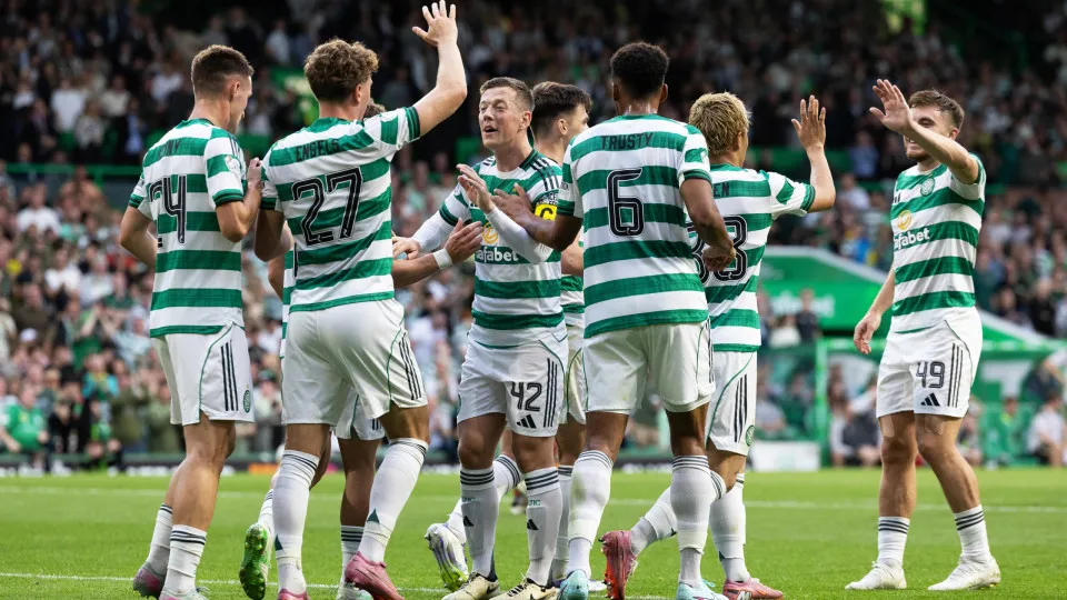 GLASGOW, SCOTLAND - AUGUST 15: Celtic's Daizen Maeda celebrates with teammates after scoring to make it 1-0 during a Premier Sports Cup Second Round match between Celtic and Falkirk at Celtic Park, on August 15, 2025, in Glasgow, Scotland.  (Photo by Ross